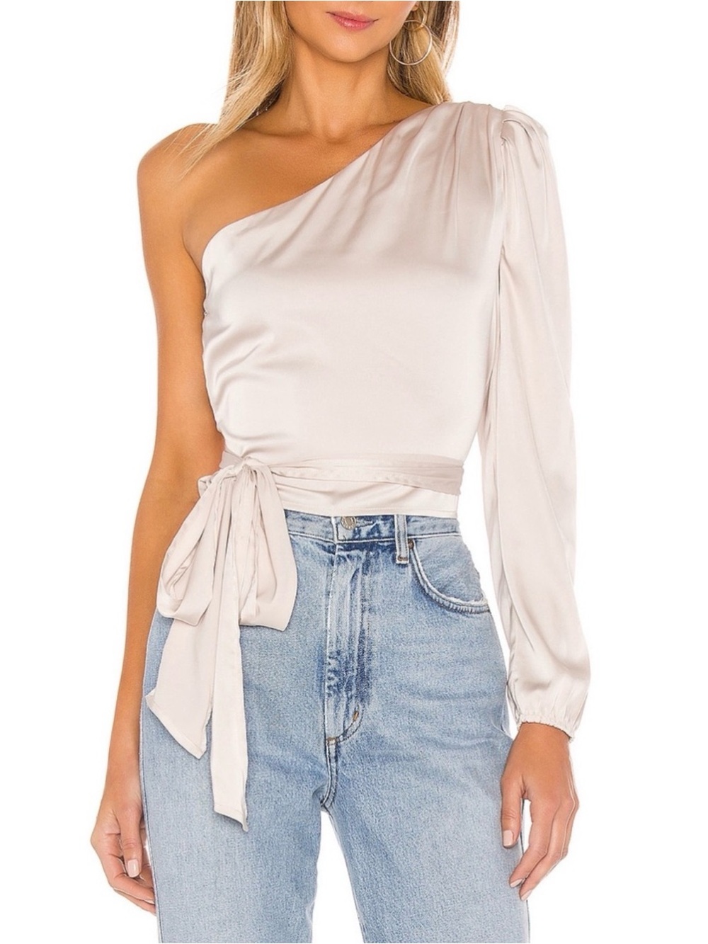 superdown One-Shoulder Satin Wrap Top in Light Cream